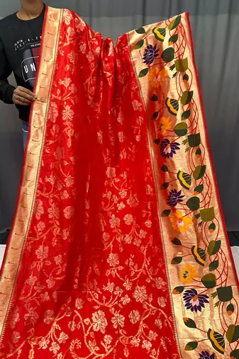 Red Paithani style zari border silk bland Floral weaaving saree with Blouse
