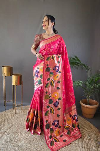 Pink Paithani style zari border silk bland Floral weaaving saree with Blouse