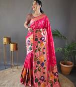 Pink Paithani style zari border silk bland Floral weaaving saree with Blouse