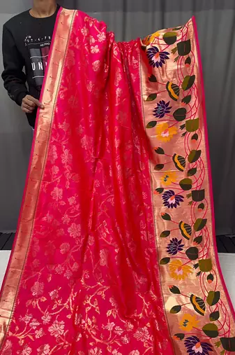 Pink Paithani style zari border silk bland Floral weaaving saree with Blouse