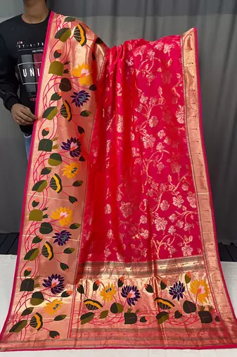 Pink Paithani style zari border silk bland Floral weaaving saree with Blouse
