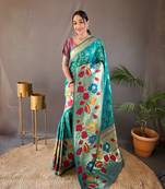 Rama Paithani style zari border silk bland Floral weaaving saree with Blouse