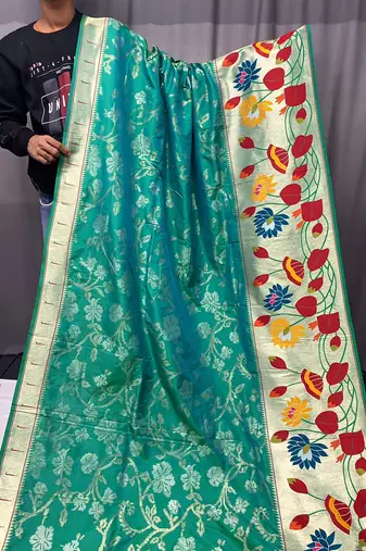 Rama Paithani style zari border silk bland Floral weaaving saree with Blouse