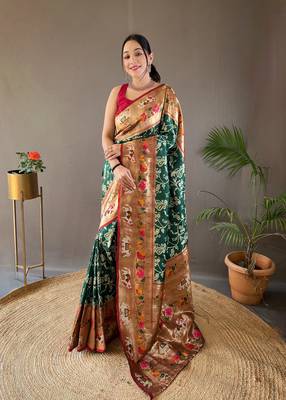 Green Paithani style silk bland zari weaving contrust border saree with Blouse 1