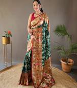 Green Paithani style silk bland zari weaving contrust border saree with Blouse