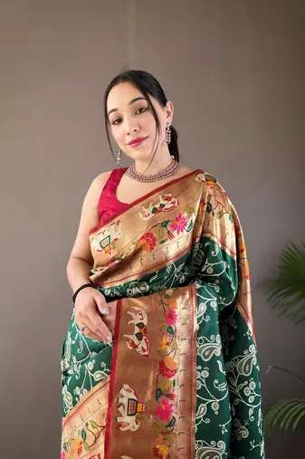 Green Paithani style silk bland zari weaving contrust border saree with Blouse