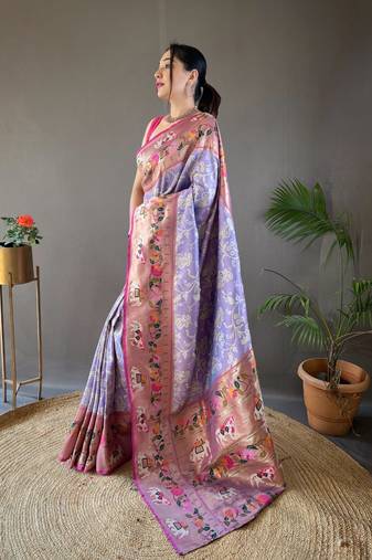 Lavender Paithani style silk bland zari weaving contrust border saree with Blouse