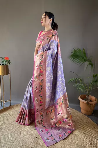 Lavender Paithani style silk bland zari weaving contrust border saree with Blouse