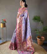 Lavender Paithani style silk bland zari weaving contrust border saree with Blouse