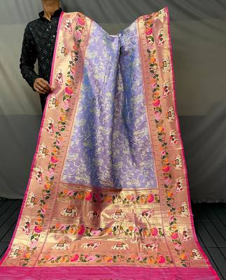 Lavender Paithani style silk bland zari weaving contrust border saree with Blouse 5