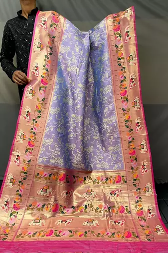 Lavender Paithani style silk bland zari weaving contrust border saree with Blouse