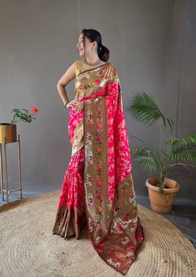 pink Paithani style silk bland zari weaving contrust border saree with Blouse 1