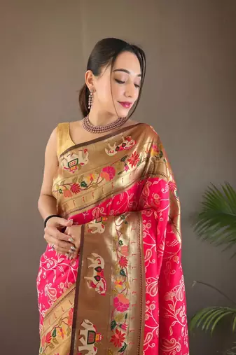 pink Paithani style silk bland zari weaving contrust border saree with Blouse