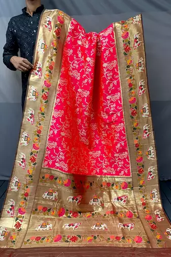 pink Paithani style silk bland zari weaving contrust border saree with Blouse
