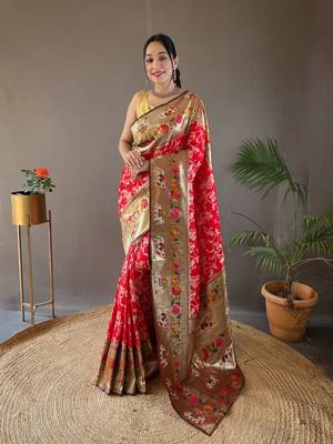 Red Paithani style silk bland zari weaving contrust border saree with Blouse 1