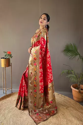 Red Paithani style silk bland zari weaving contrust border saree with Blouse