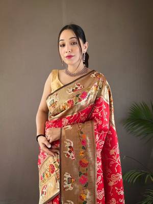 Red Paithani style silk bland zari weaving contrust border saree with Blouse 3