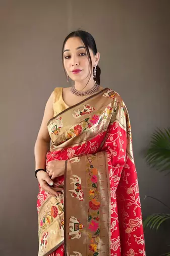 Red Paithani style silk bland zari weaving contrust border saree with Blouse
