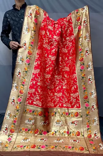 Red Paithani style silk bland zari weaving contrust border saree with Blouse