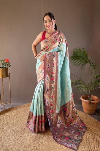 Sky Blue Paithani style silk bland zari weaving contrust border saree with Blouse