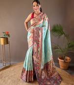 Sky Blue Paithani style silk bland zari weaving contrust border saree with Blouse