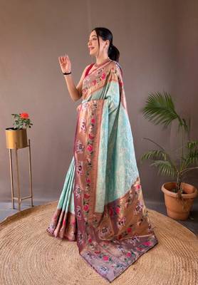 Sky Blue Paithani style silk bland zari weaving contrust border saree with Blouse 2