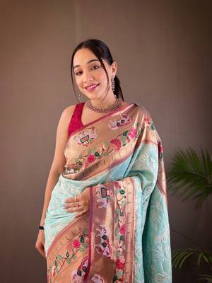 Sky Blue Paithani style silk bland zari weaving contrust border saree with Blouse 3