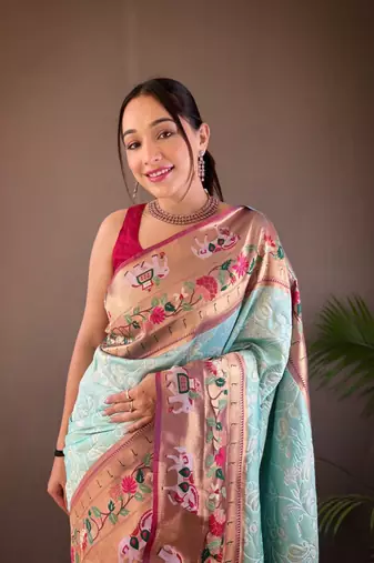Sky Blue Paithani style silk bland zari weaving contrust border saree with Blouse