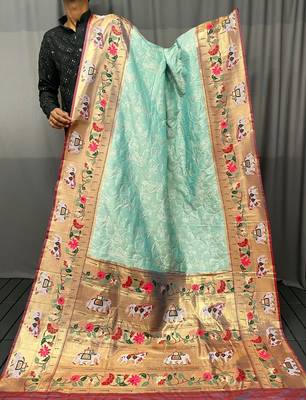 Sky Blue Paithani style silk bland zari weaving contrust border saree with Blouse 4