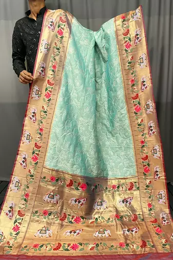 Sky Blue Paithani style silk bland zari weaving contrust border saree with Blouse