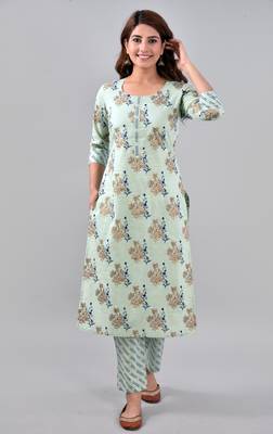 Green floral printed work rayon straight kurta with pant set 1