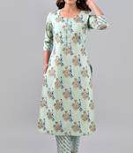 Green floral printed work rayon straight kurta with pant set