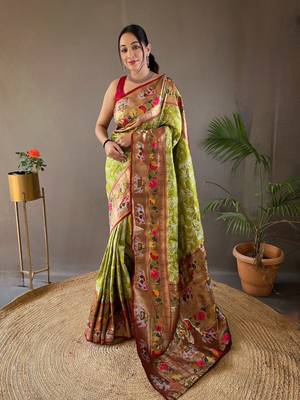 Pista Paithani style silk bland zari weaving contrust border saree with Blouse 1