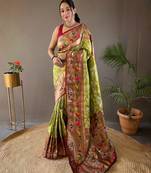 Pista Paithani style silk bland zari weaving contrust border saree with Blouse