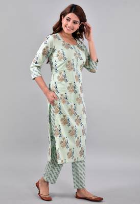 Green floral printed work rayon straight kurta with pant set 2