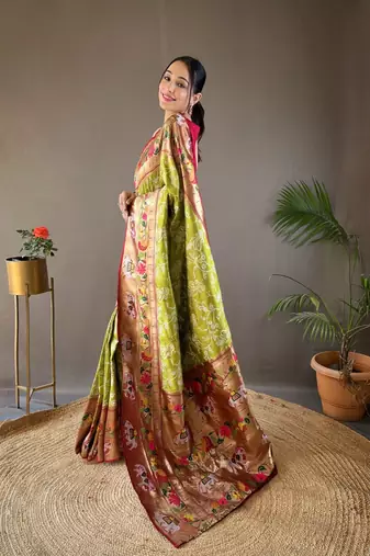 Pista Paithani style silk bland zari weaving contrust border saree with Blouse
