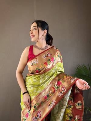 Pista Paithani style silk bland zari weaving contrust border saree with Blouse 3