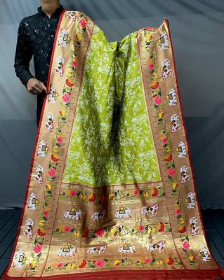 Pista Paithani style silk bland zari weaving contrust border saree with Blouse 4