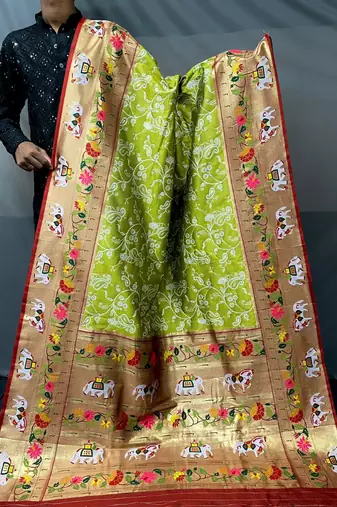 Pista Paithani style silk bland zari weaving contrust border saree with Blouse