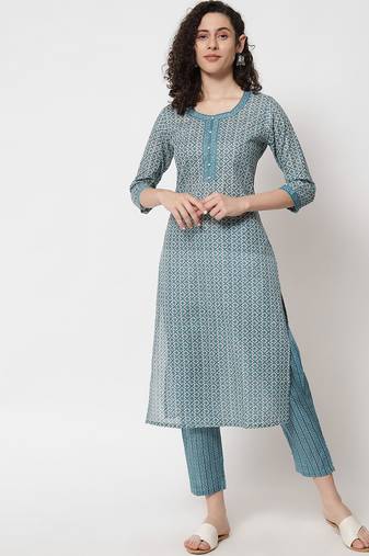 Blue floral printed work rayon staright kurta with pant set