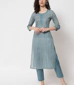 Blue floral printed work rayon staright kurta with pant set