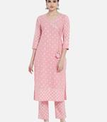 Pink ethnic motif printed work cotton straight kurta with pant set