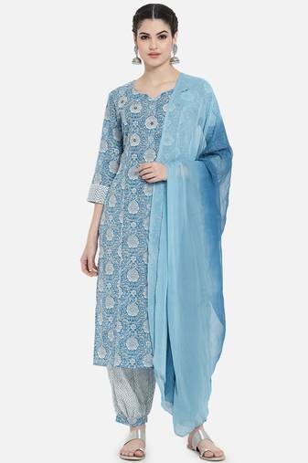 Blue floral printed work cotton kurta with pant and dupatta set