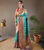 Rama Paithani style silk bland zari weaving contrust border saree with Blouse