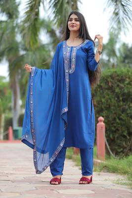 Blue floral embroidered work rayon straight kurta with pant and dupatta set 1