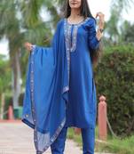 Blue floral embroidered work rayon straight kurta with pant and dupatta set