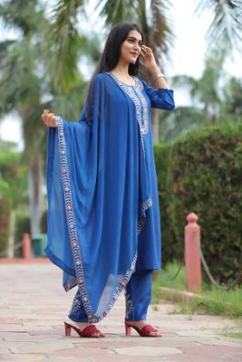 Blue floral embroidered work rayon straight kurta with pant and dupatta set 2