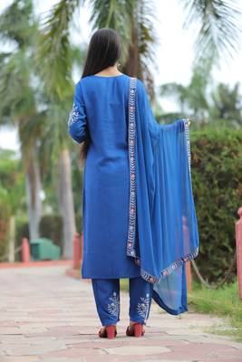 Blue floral embroidered work rayon straight kurta with pant and dupatta set 3