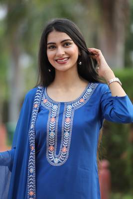 Blue floral embroidered work rayon straight kurta with pant and dupatta set 4