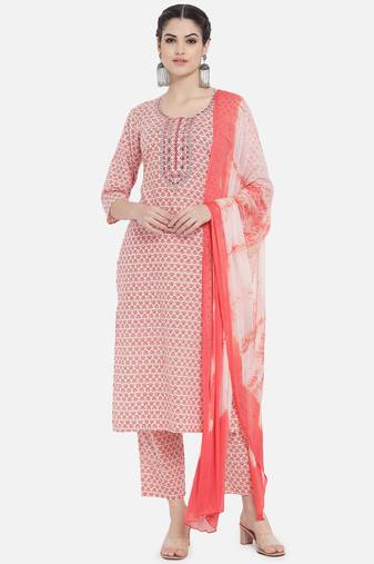 Red floral printed work rayon kurta with pant and dupatta